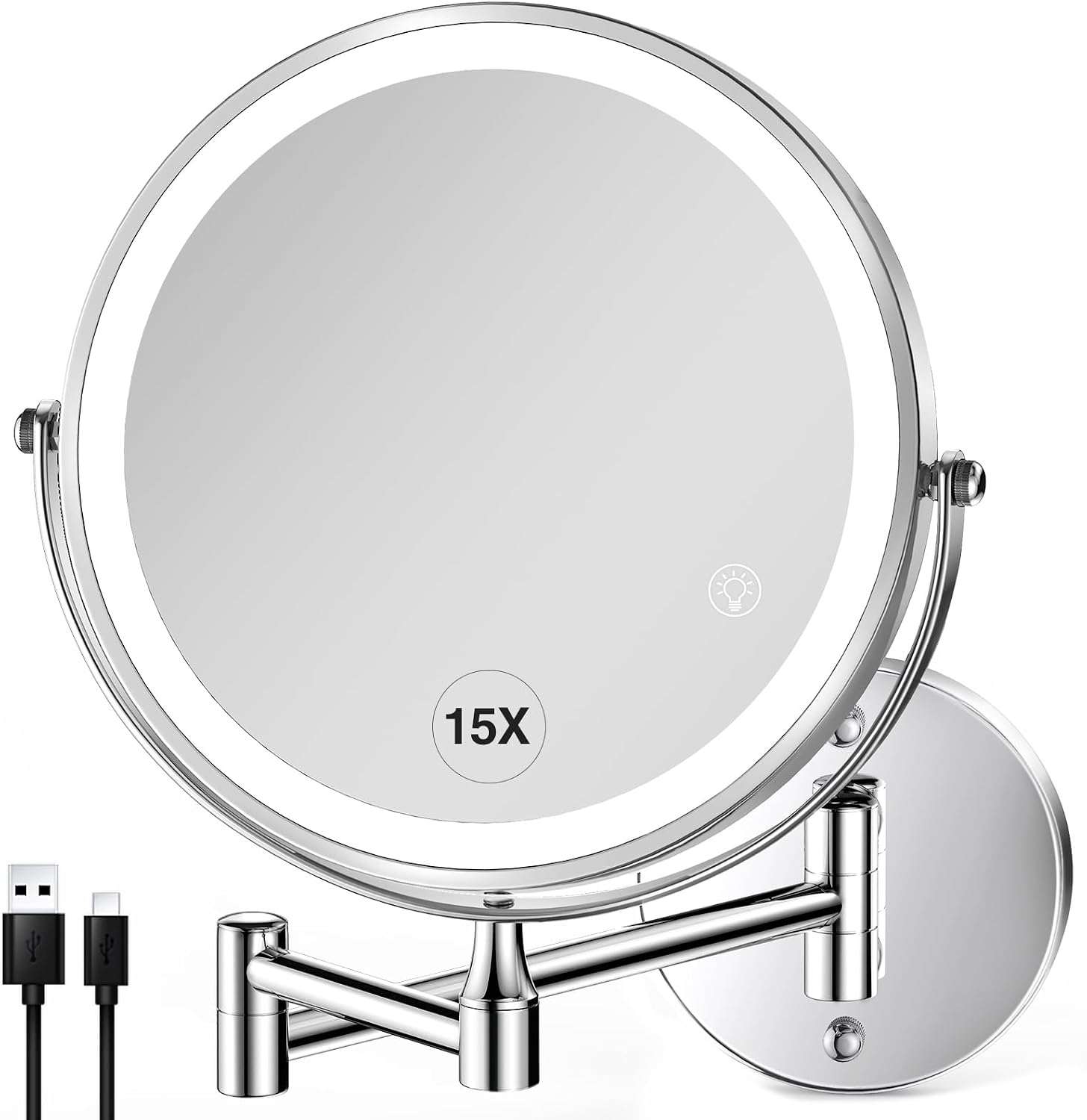 Wall Mounted Lighted Makeup Mirror: 8.5 Inch Double Sided Makeup Mirror with 1X/15X Magnification for Vanity, Bathroom, and Shaving - Chrome