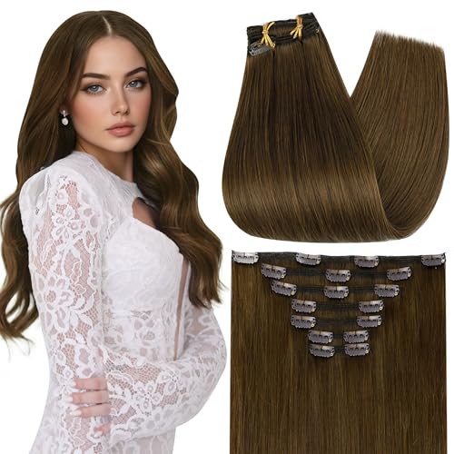 Full Shine Real Human Hair Extensions Clip ins Light Brown Short Hair Extensions 12 Inch Hair Clip Extensions for Women Light Brown 95 G 7 Pcs
