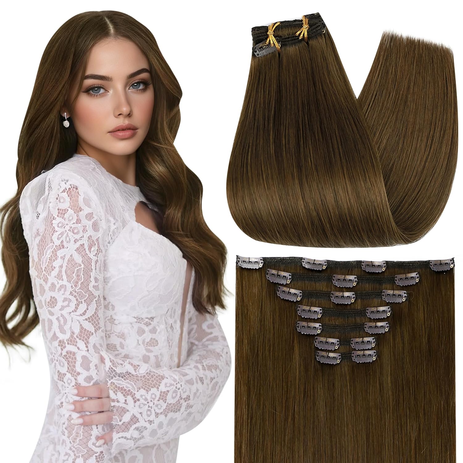 Full Shine Clip in Hair Extensions Brown Human Hair Extensions Clip ins Light Brown Triple Weft Invisible Clip in Extensions Human Hair for Women Thick Remy Hair 18 Inch 7 Pcs 120 G