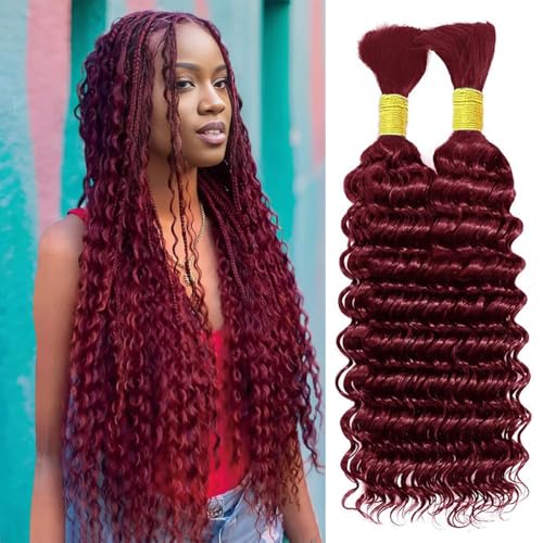 Human Braiding Hair 2 Bundles/Pack 100g Burgundy 99J Curly Deep Wave Human Bulk Hair for Braiding No Weft 10A Brazilian Virgin Human braiding Hair for Boho Braids Extensions (26 inch/100g)