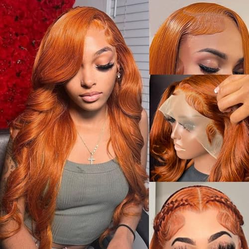 Ginger Lace Front Wigs Human Hair Body Wave 13x4 Transparent HD Lace Frontal Wigs Pre Plucked with Baby Hair for Black Women Human Hair Glueless Colored Wigs 24 inch