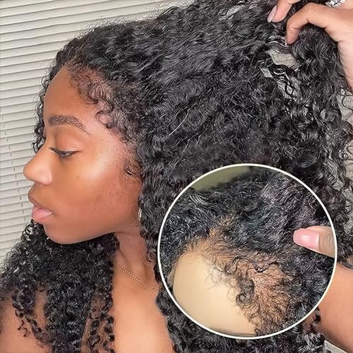 4C Edges Kinky Curly Lace Front Wigs Human Hair 13x4 HD Transparent Lace Frontal Wigs with Curly Edges Baby Hair, Deep Wave Curl Wig Pre-Plucked Hairline 180% Density 18 inch