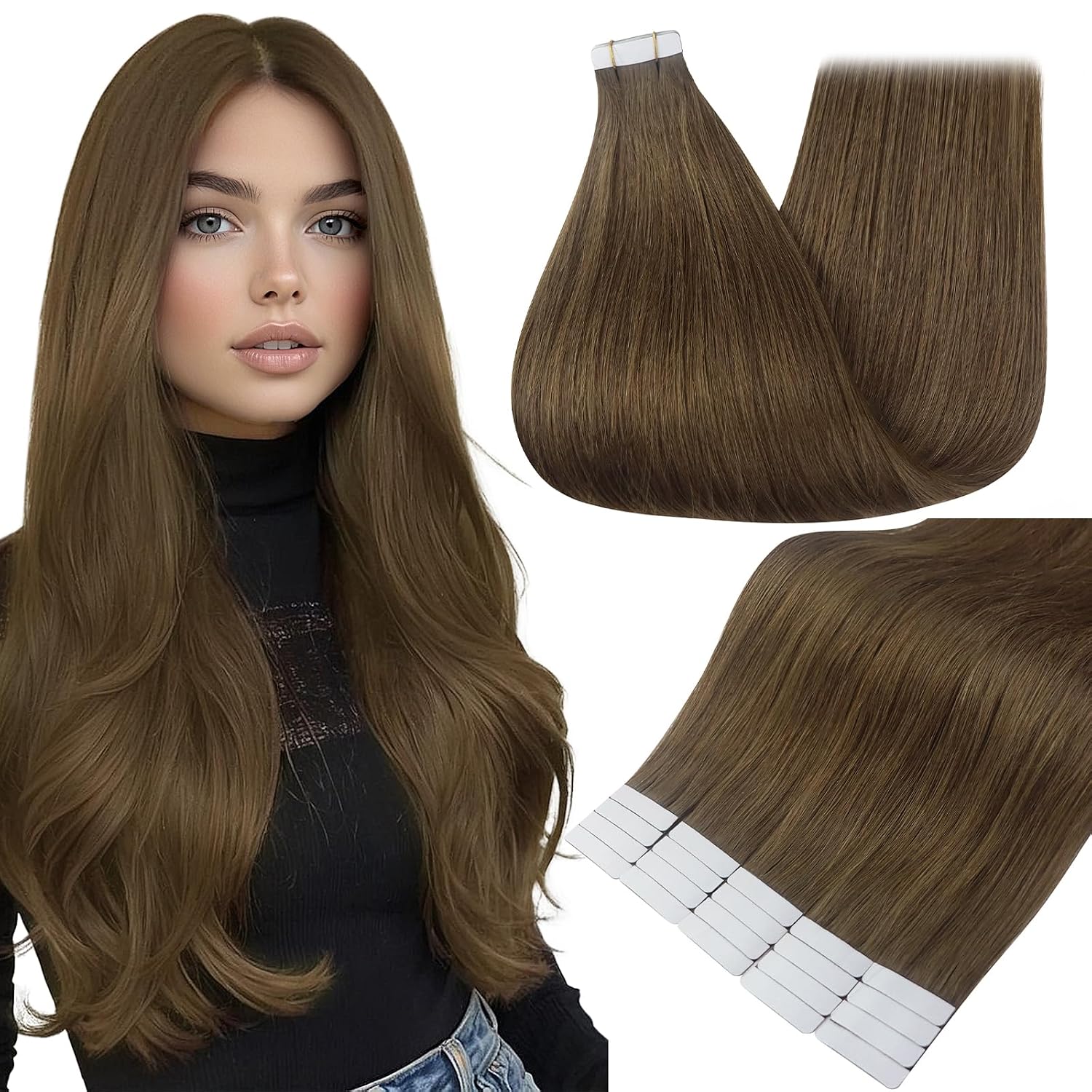 Full Shine Tape Ins Human Hair Extensions 16 Inch Color 3 Brown Tape in Hair Extensions Human Hair Invisible Seamless Skin Weft 20PCS Natural Straight Double Sided Remy Hair 50 Grams Add Volume