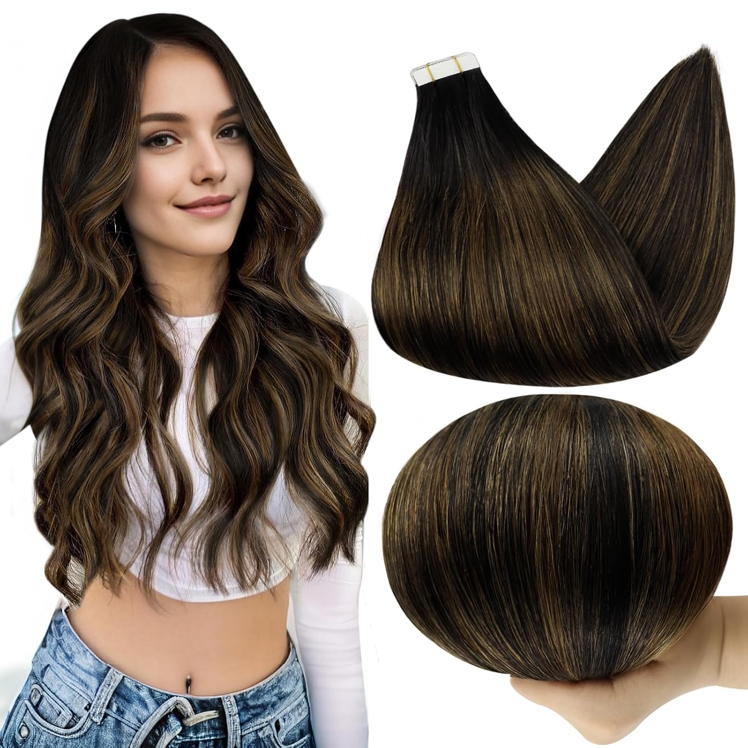 Full Shine Tape In Hair Extensions Human Hair Ombre Balayage 1B Black And 6 Chestnut Brown Tape In Extensions Natural Silky Human Hair Extensions Tape In 18 Inch Glue in Hair Extensions 50G 20 Pcs