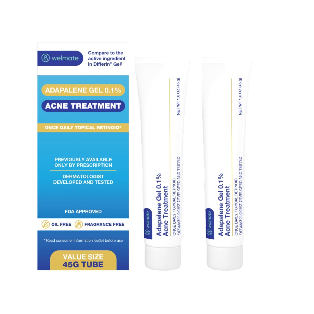 WELMATE Adapalene Gel 0.1% - Approved Acne Treatment - Daily Topical Skincare - Pimple & Acne Cream - Oil & Fragrance Free - Dermatologist Tested & Approved - 1.6oz/45g, 2 Pack