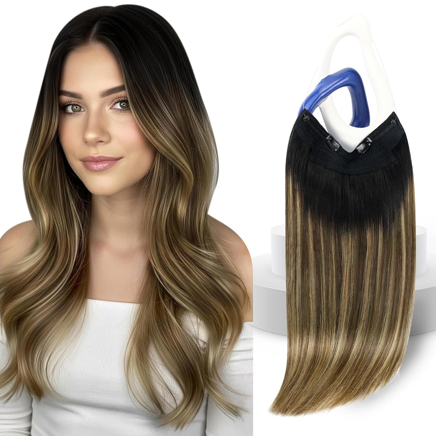 Sunny Hair Wire Hair Extensions Real Human Hair Fish Line Human Hair Extensions Invisible Wire Extensions Natural Black Roots to Dark Brown with Caramel Brown Ombre #1B/4/27 18 Inch
