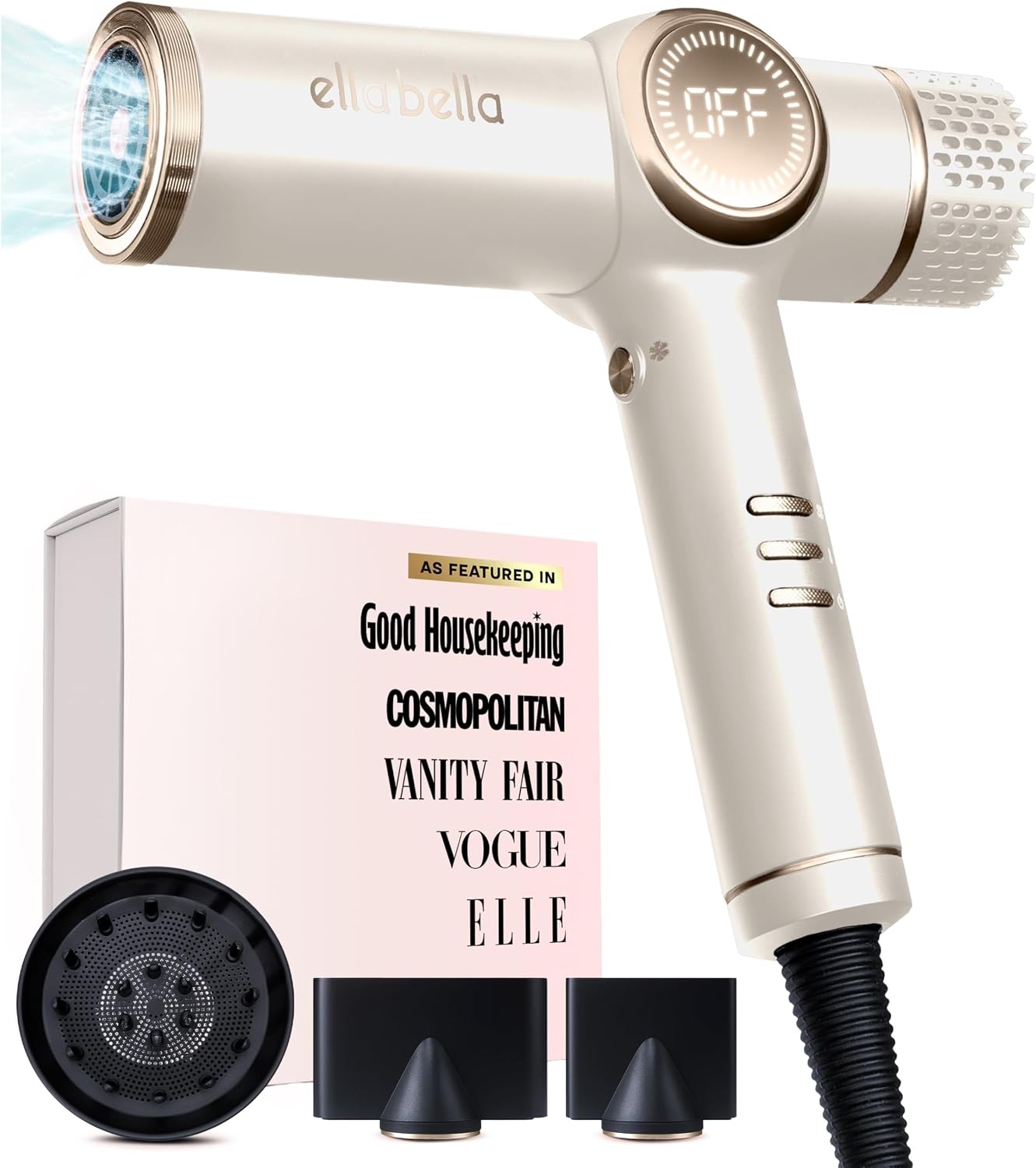 ELLA BELLA Professional Ionic Hair Dryer with Diffuser  Negative Ion Blow Dryer  Suitable All Hair Types  Intelligent Heat Control & Rapid Drying Speeds  Lightweight Design  Low Noise Technology