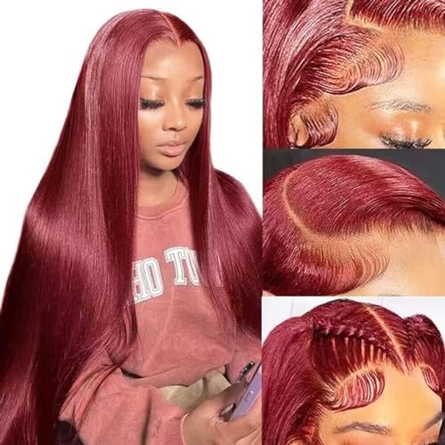 Burgundy Wig Human Hair 30inch 13x6 HD Transparent Lace Straight 99J Red Human Hair Wig Colored Reddish Brown Lace Frontal Wigs 180% Density Pre Plucked