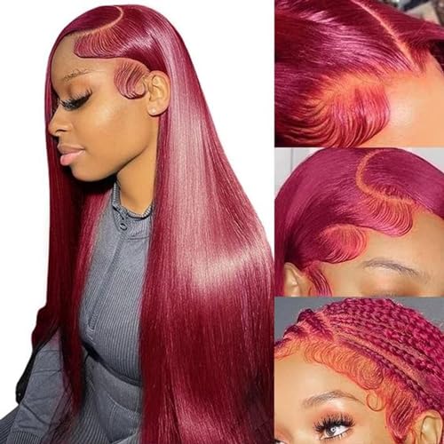 Burgundy Wig Human Hair 26inch 13x6 HD Transparent Lace Straight 99J Red Human Hair Wig Colored Reddish Brown Lace Frontal Wigs 180% Density Pre Plucked