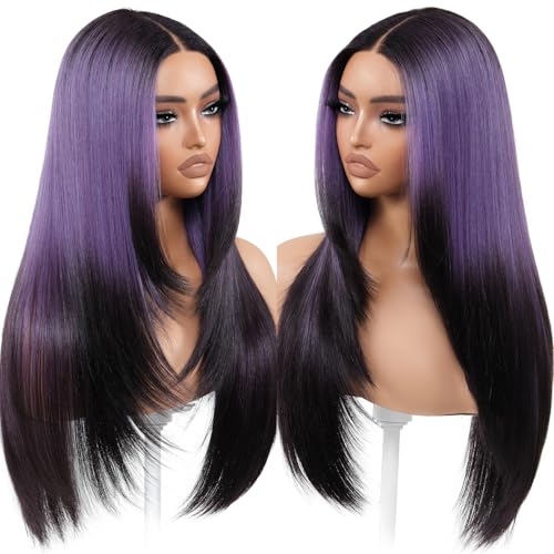 Ombre Purple Black Wear and Go Glueless Wigs Pre Plucked Pre Cut for Beginners Synthetic Lace Front Wig with Bangs Long Straight layered Wig HD Lace 26 Inch 3 Seconds to Wear for Beginners