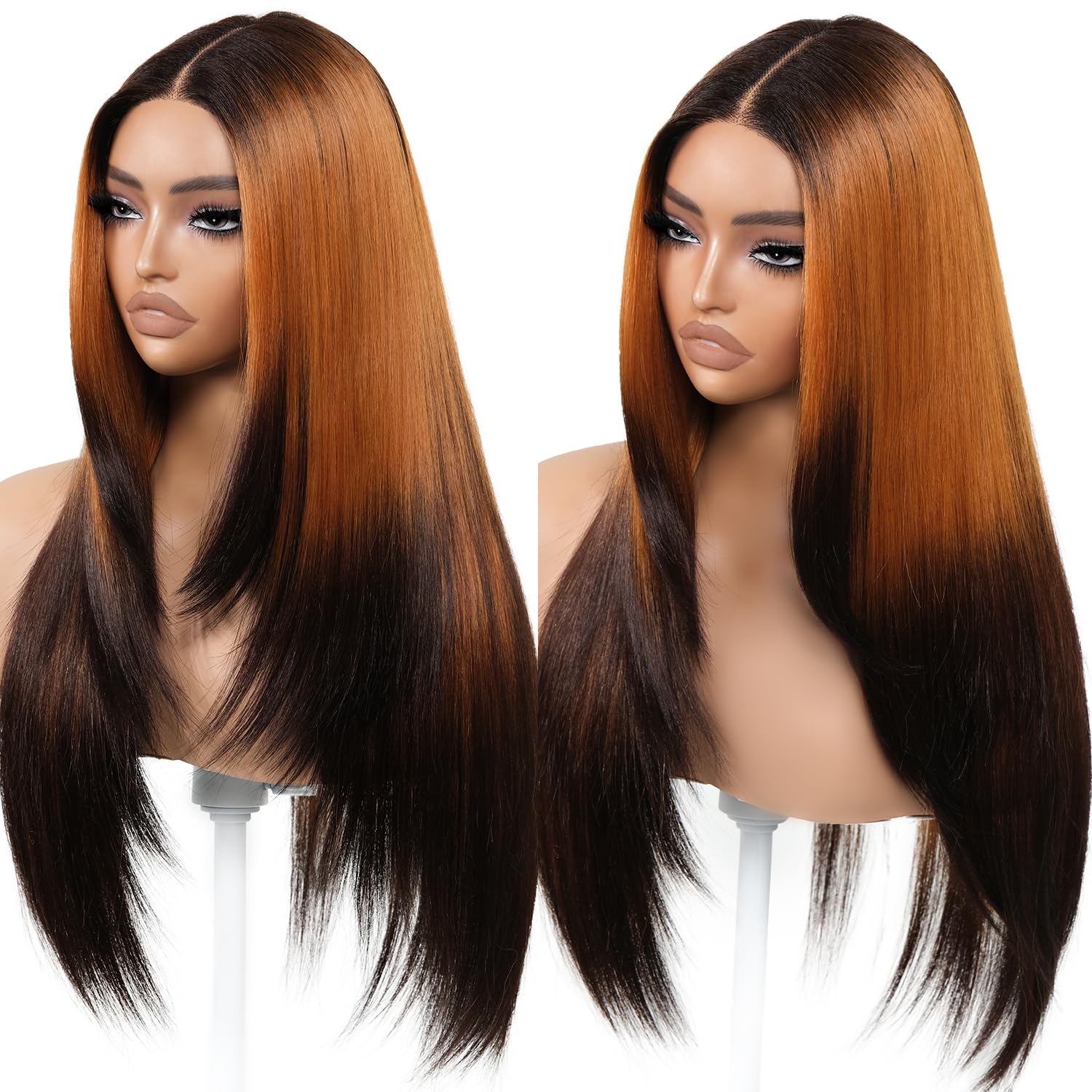 Ombre Orange Black Wear and Go Glueless Wigs Pre Plucked Pre Cut for Beginners Synthetic Lace Front Wigs With Bangs Long Straight layered Wigs HD Lace 26 Inch 3 Seconds to Wear for Beginners