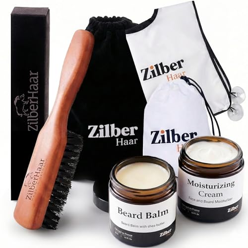 ZilberHaar - Beard Care Kit for Men - 1 Regular Beard Brush + 1 Beard Balm + 1 Moisturizing Cream + 1 Beard Bib - Stiff Boar Bristles and Beech Wood - Supplied in a Velvet Bag