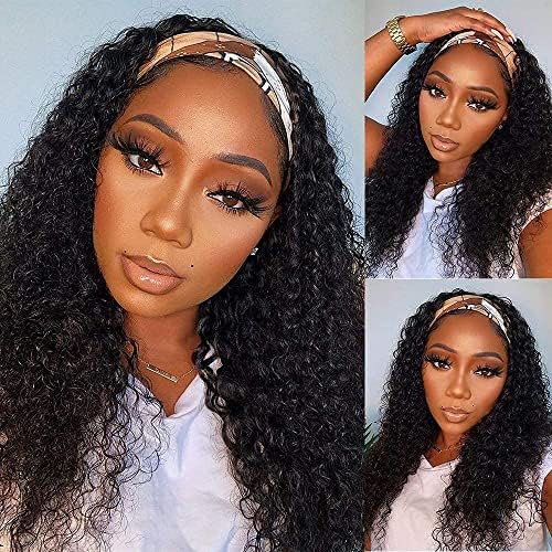 Headband Wig Human Hair Deep Wave Wigs for Black Women Glueless None Lace Front Curly Wave Wig Brazilian Virgin Hair Wear and Go Wigs Machine Made 150% Density Wigs Natural Color10 Inch