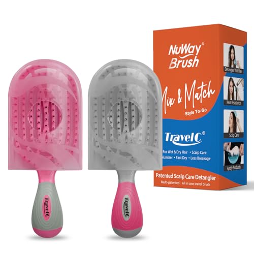 NuWay 4HAIR U.S. Patented Detangler Hair Brush for Men & Women - Pink & Gray | Hair Comb for Scalp Care - Fast Dry Venting Scheme - TravelC Detangling Brush for All Hair Type