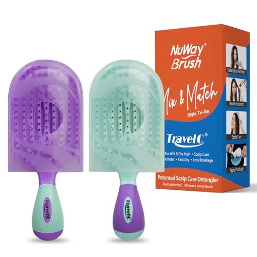 NuWay 4HAIR U.S. Patented Detangler Hair Brush for Men & Women - Purple & Teal | Hair Comb for Scalp Care - Fast Dry Venting Scheme - TravelC Detangling Brush for All Hair Type