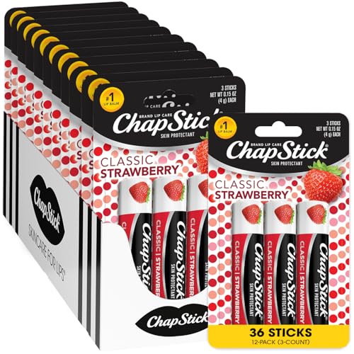 ChapStick Lip Moisturizer, Classic Strawberry 3-Packs (12 Sets/36 Tubes)  Bulk Lip Balm, Fruity & Sweet, 0.15 Oz Ea