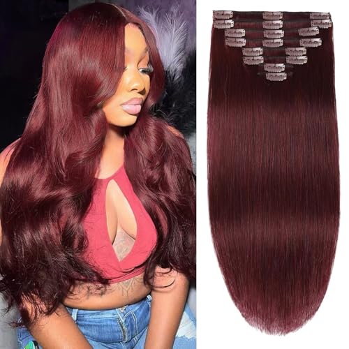 Clip in Hair Extensions Real Human Hair 3.6oz/100g Clip ins 100% Brazilian Remy Human Hair Extension for Women 8pcs Per Set with 18 Clips Double Weft (18 Inch #99J Burgundy)