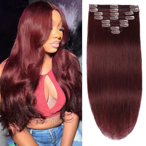 Clip in Hair Extensions Real Human Hair Clip ins 100% Human Hair Extension for Women 8pcs Per Set with 18 Clips Double Weft (22 Inch 90g #99J Burgundy)