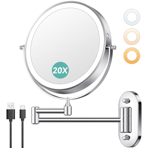 1X/20X Wall Mounted Makeup Mirror with Light, 8" Rechargeable Double-Sided Magnifying Mirror, Vanity Mirror Dimmable 3 Color Light, 360 Extension Rotation Foldable 14.5 Inch Arm, Chrome