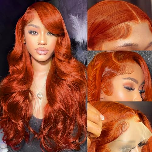 26 Inch Ginger Lace Front Wigs Human Hair Pre Plucked 200% Density Hd Lace Front Wig 13x4 Ginger Orange Body Wave Lace Frontal Wigs Human Hair