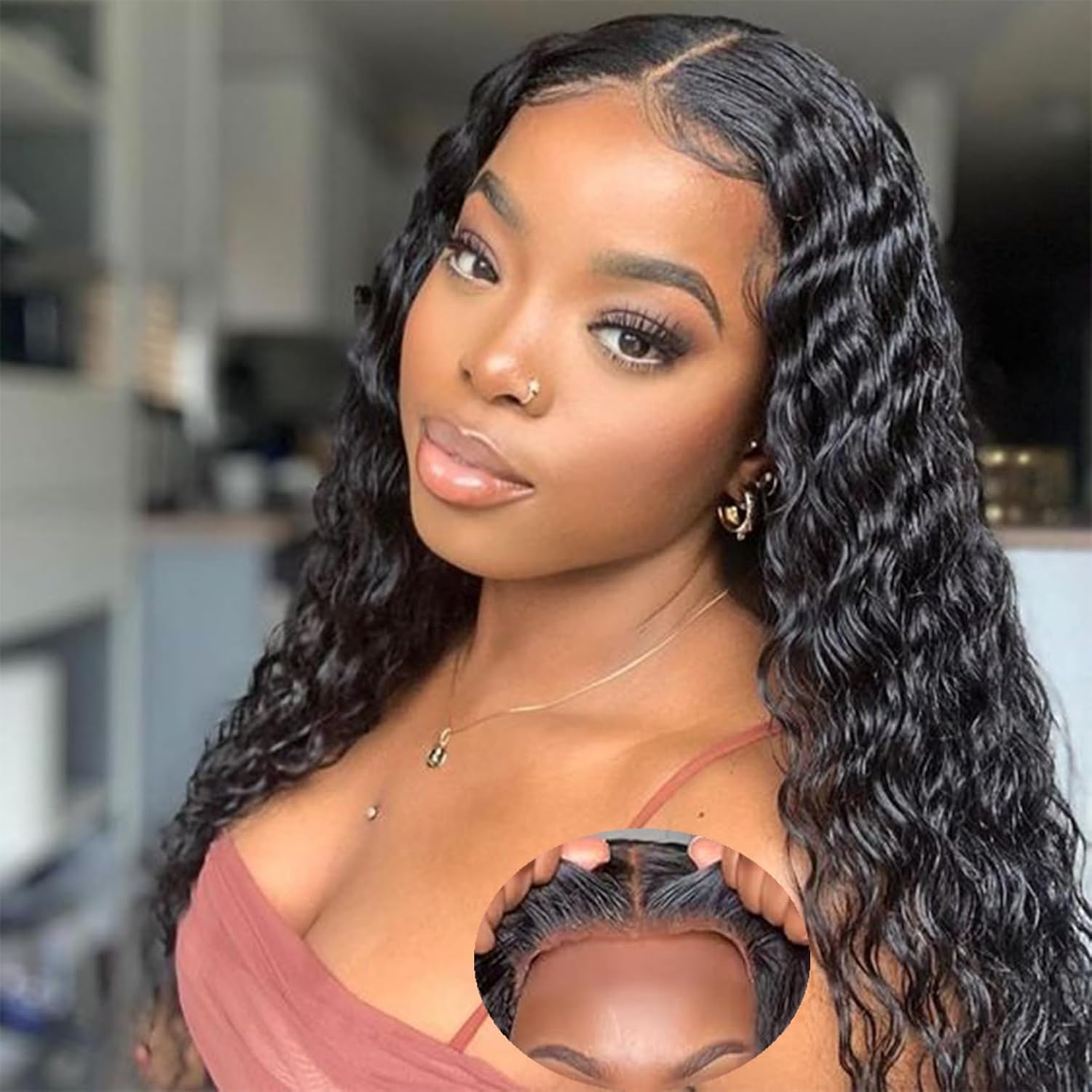 Glueless Wigs Human Hair Pre Plucked Pre Cut 5x5 Hd Lace Closure Wear and Go Deep Wave Curly Lace Front Wigs for Black Women Wet and Wavy Natural Hairline (14 Inch)