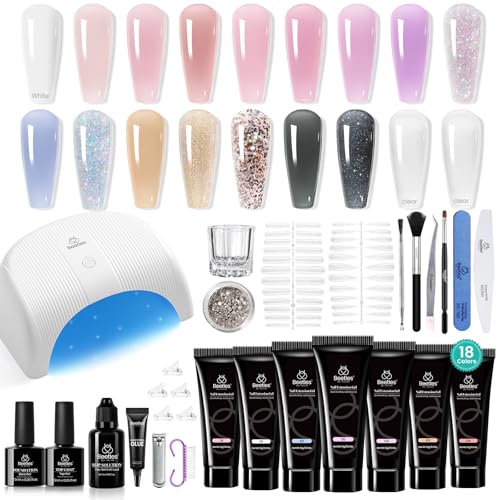 Beetles 18 Colors Poly Extension Gel Nail Kit with U V Lamp Nude Pink White All In One Poly Nail Gel Starter Kit with Base Top Coat Manicure Salon Gift for Women
