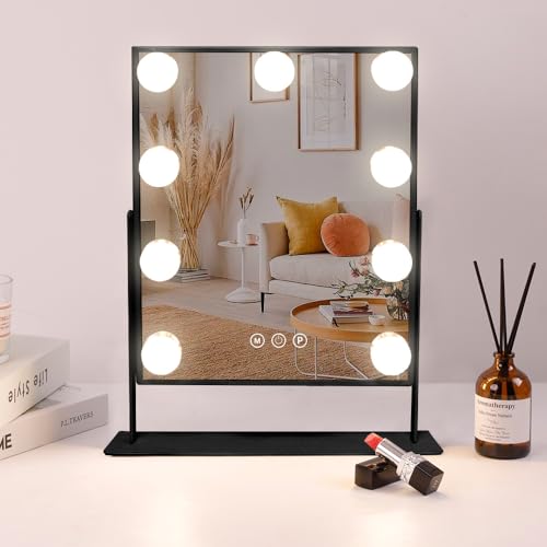 COOLJEEN Vanity Mirror with Lights, 9 Led Bulbs Lighted Makeup Mirror with Detachable 10X Magnification Mirror, Hollywood Mirror 3 Color Lights Tabletop Makeup Mirror, 360Rotation, Black