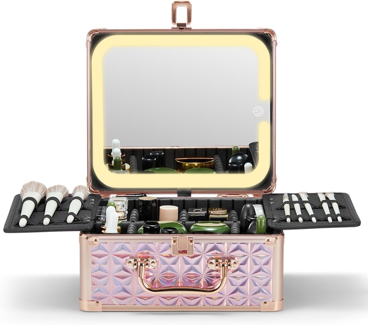 Qislee Makeup Box with A Detachable Lighted Mirror, Waterproof Travel Train Case, Cosmetic Organizer and Makeup Suitcase with Adjustable Dividers, Magnetic LED Mirror(Sparkling Pink)