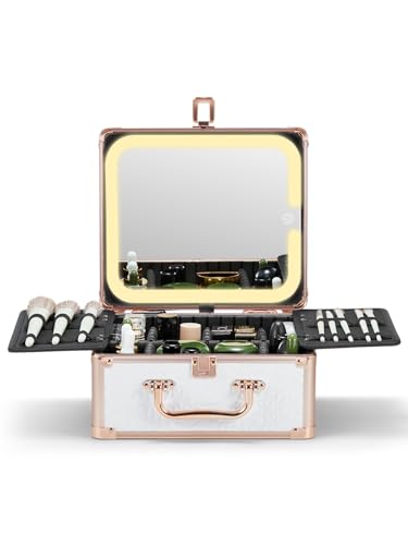 Qislee Makeup Box with A Detachable Lighted Mirror, Waterproof Travel Train Case, Cosmetic Organizer and Makeup Suitcase with Adjustable Dividers, Magnetic LED Mirror(Bright White)