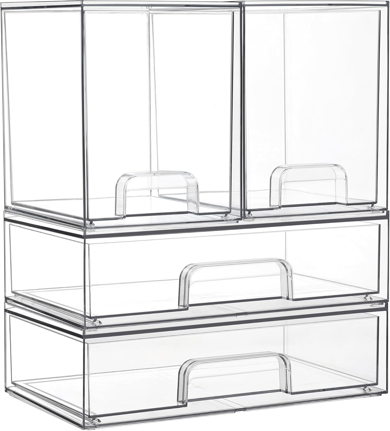 Vtopmart Clear Stackable Storage Drawers Set of 4, Plastic Organizer Bins for Makeup, Cosmetics, Beauty Supplies,Ideal for Vanity, Bathroom,Cabinet,Pantry Organization