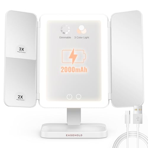 EASEHOLD Lighted Makeup Mirror, Rechargable Vanity Mirror with Magnification, 2X 3X, Trifold Makeup Mirror with Touch Control, 3 Color Dimmable LED Lights, Portable Make up Mirror, Gifts for Women