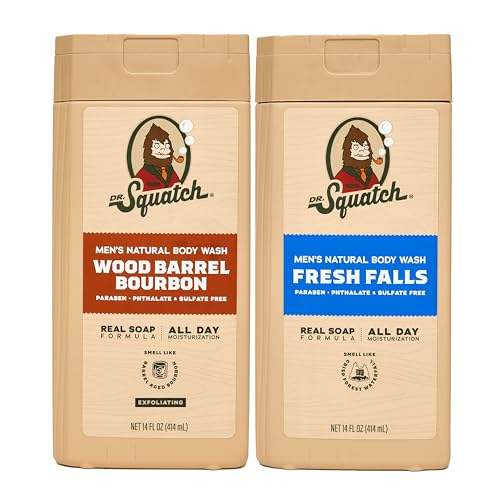 Dr. Squatch NEW Body Wash for Men with Nourishing, Natural Ingredients | No Paraben, Phthalate, Sulfate | All Day Moisture | Long Lasting Scent | Wood Barrel Bourbon & Fresh Falls (14 oz, 2-Pack)