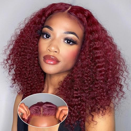 Curly BOB Wig Human Hair 200 Density 5x5 HD Lace Closure Deep Wave Wigs for Black Women Glueless Wear and Go Pre Plucked Deep Wave Wet and Wavy Glueless Wigs Human Hair Burgundy 16 Inch