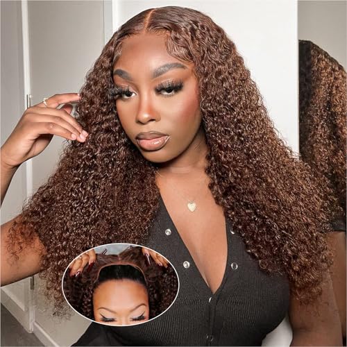 Curly BOB Wig Human Hair 200 Density 5x5 HD Lace Closure Deep Wave Wigs for Black Women Glueless Wear and Go Pre Plucked Deep Wave Wet and Wavy Glueless Wigs Human Hair Chocolate Brown 18 Inch
