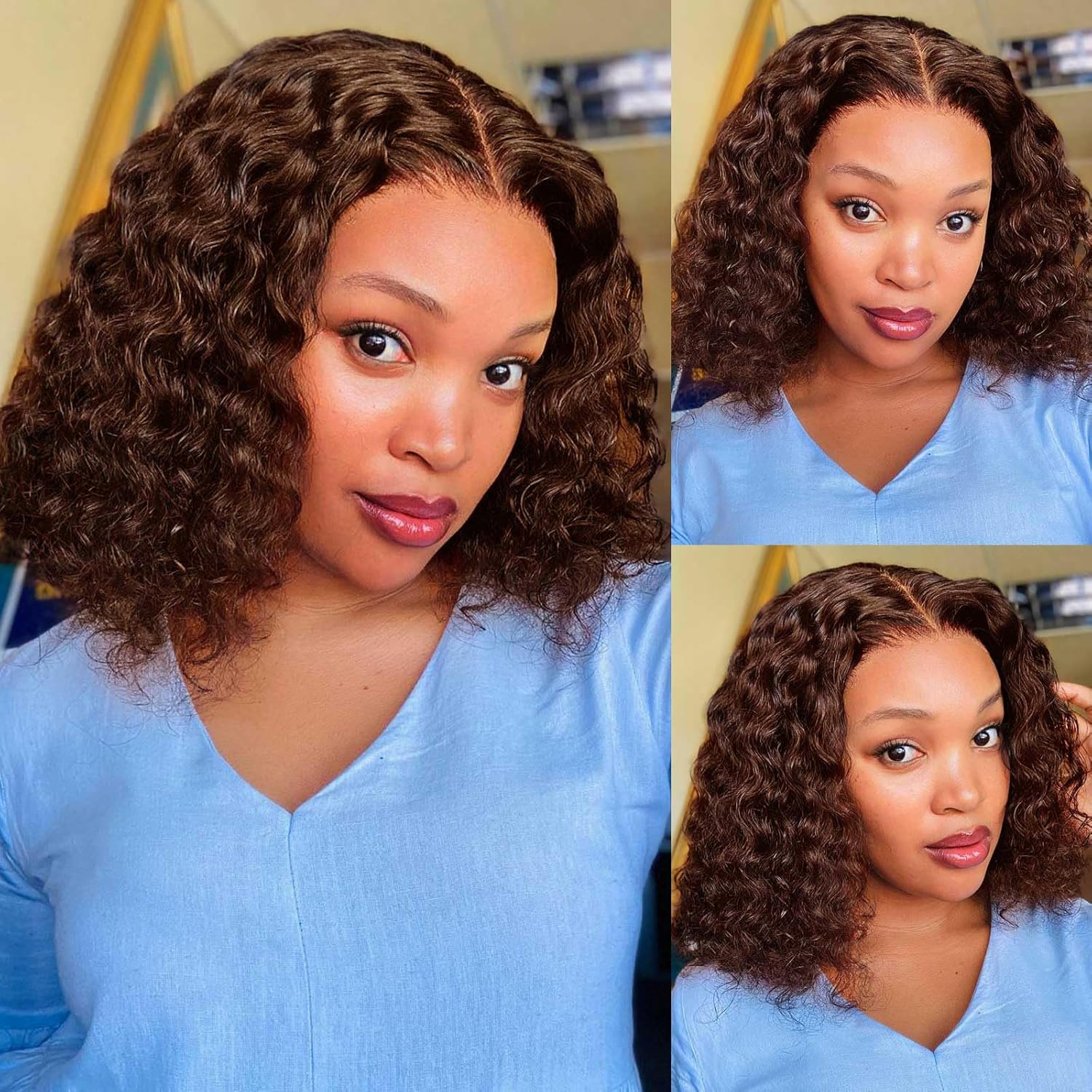 Curly BOB Wig Human Hair 200 Density 5x5 HD Lace Closure Deep Wave Wigs for Black Women Glueless Wear and Go Pre Plucked Deep Wave Wet and Wavy Glueless Wigs Human Hair Chocolate Brown 12 Inch