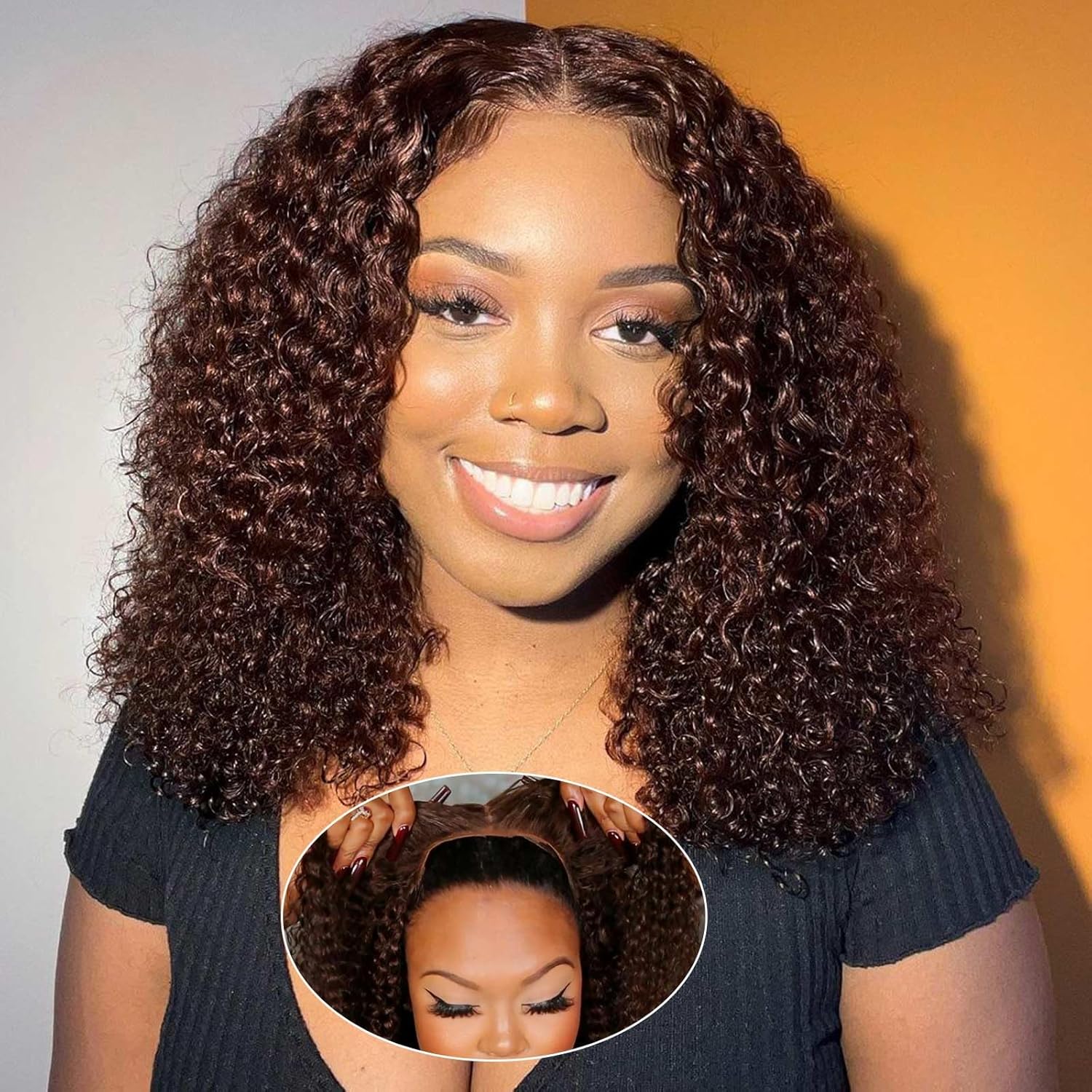 Curly BOB Wig Human Hair 200 Density 5x5 HD Lace Closure Deep Wave Wigs for Black Women Glueless Wear and Go Pre Plucked Deep Wave Wet and Wavy Glueless Wigs Human Hair Chocolate Brown 16 Inch