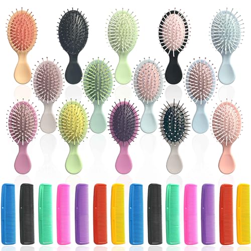 56 Pieces Mini Hair Brush, Detangling Hair Combs Set, Include 28 Travel Mini Brush for Hair 28 Fine Wide Hair Combs Wet Dry Hair for Girls Women Boys Men