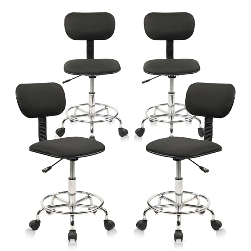 Low Wide Rolling Swivel Stool with Backrest, Adjustable Height Salon Chair Stools with Footrest for Spa Tattoo Office Desk Massage Task Lash Barber Facial, Black 4PK