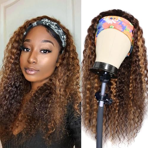 Headband Wig Human Hair Deep Wave 14 Inch Wig Glueless Headband Wig Deep Wave None Lace Front Wigs Human Hair for Black Women 150% Density Wig Curly Hair 4/27 Color