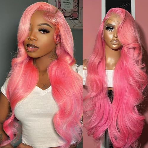 Pink Lace Front Wigs Human Hair 13x4 HD Body Wave Lace Front Wigs Human Hair Pre Plucked Frontal Wig 200% Density Colored Pink Human Hair Wig Glueless Wigs 24 Inch