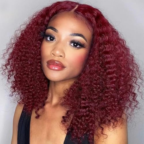 Curly Bob Wig Human Hair 12 Inch (Burgundy)