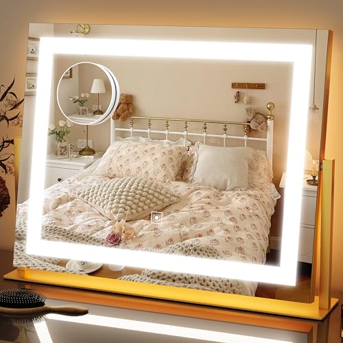 FENNIO Vanity Mirror with Lights 22''x18'' Makeup Mirror with Lights,Lighted Makeup Mirror with 10X Magnification and USB,Smart Touch Screen with 3-Color Lighting,Dimmable(Square Gold)