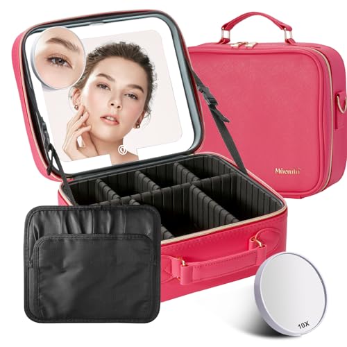 Mocado Travel Makeup Bag with LED Lighted Mirror,Travel Makeup Organizer,Makeup Case with 3 Color Lighted Setting and 10x Magnifying Mirror,Portable Storage and Adjustable Dividers Makeup Box(Red)
