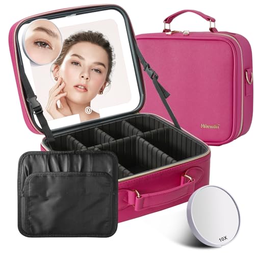 Mocado Travel Makeup Bag with LED Lighted Mirror,Travel Makeup Organizer,Makeup Case with 3 Color Lighted Setting and 10x Magnifying Mirror,Portable Storage and Adjustable Dividers Makeup Box(Violet)