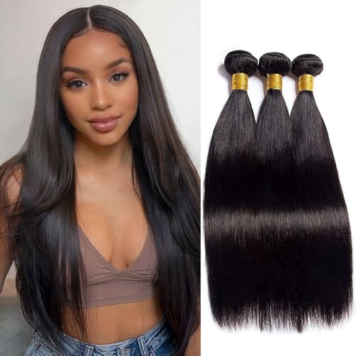 Straight Bundles Human Hair 10 12 14 Inch 100% Unprocessed Brazilian RemyTrippy Hair Weave Bundles Human Hair for Black Women Natural Black Raw Weft Hair Extensions