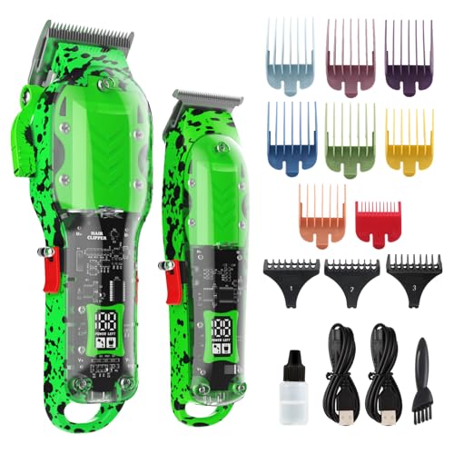 Professional Hair Clippers for Men, Cordless Barber kit for Hair Cutting & Grooming, Green Hair Clippers and Trimmer Set for Barber Haircut with LED Display, 8 Fade Taper Combs