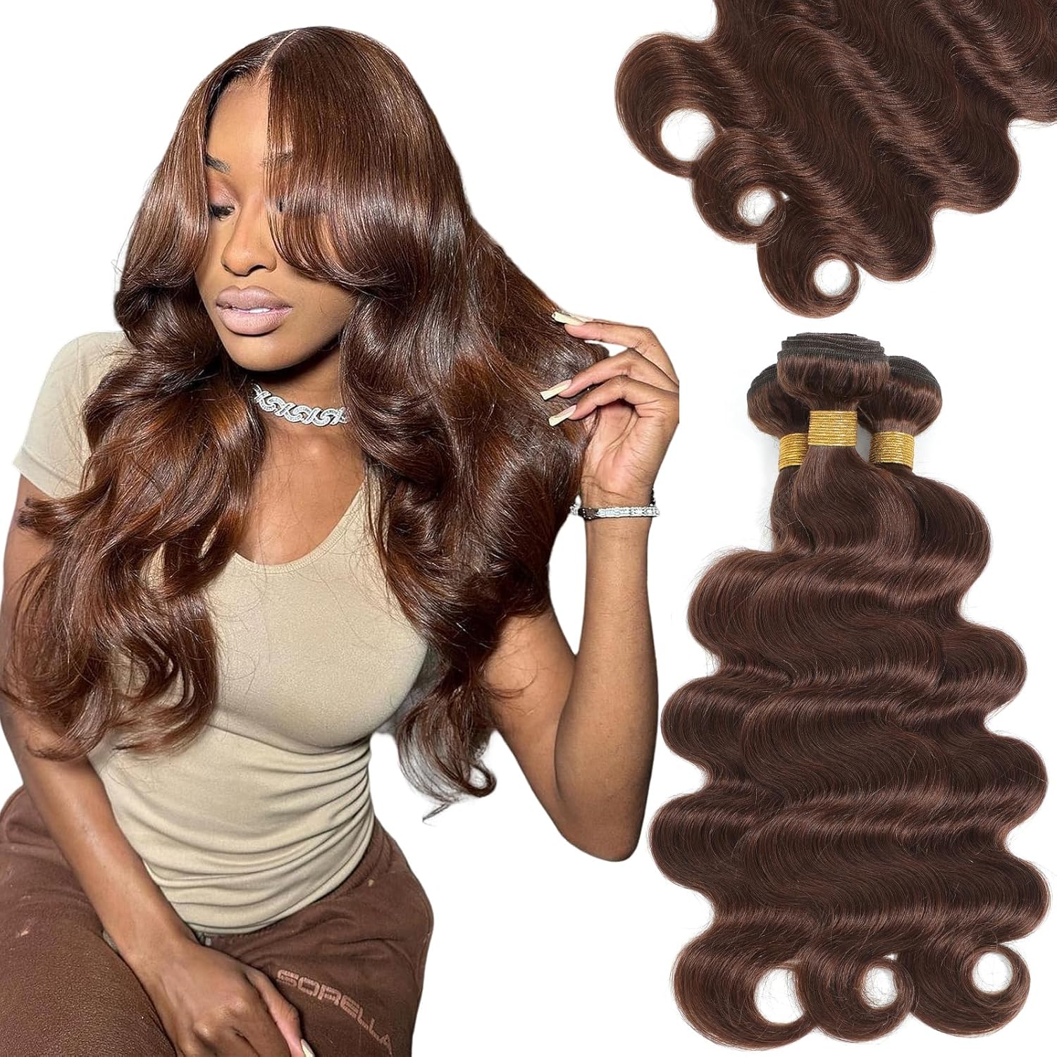 Kapelli Brown Human Hair Bundles 20 22 24 Inch Body Wave Brown Bundles Human Hair 12A 100% Unprocessed Brazilian Virgin Hair 3 Bundles Light Chocolate Color Body Wave Hair Extension Color 4