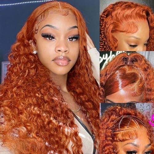 Ginger Deep Wave Lace Front Wigs Human Hair 13x4 HD Transparent Lace Frontal Wig Human Hair for Women 180% Density Orange 350# Colored Glueless Curly Wig Human Hair Pre Plucked with Baby Hair 20 Inch