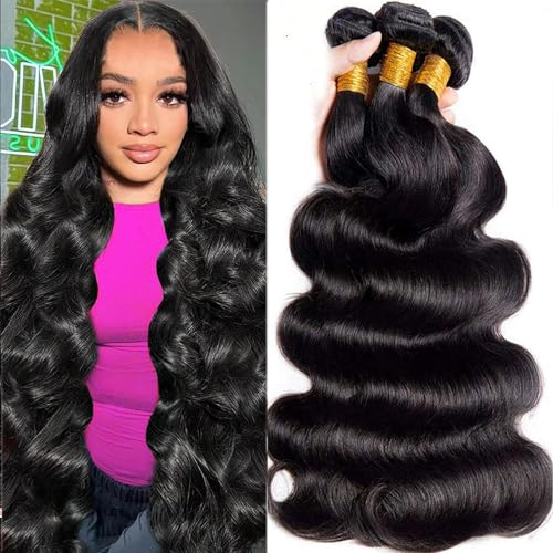 24 26 28 Inch Body Wave Bundles Human Hair 100% Unprocessed Brazilian Virgin Hair Bundles Human Hair Extensions Deals Quick Weave No Tangle Shedding, Keep Texture Silky Soft Double Weft Natural Color