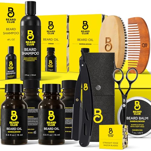 The Beard Club Premium Beard Kit for Men - Grooming & Care Kit - Cedar & Sandalwood Oil, Sandalwood Balm, Shampoo, Brush, Comb, Trimming Scissors, Straight Edge Razor - Dad Gift Set